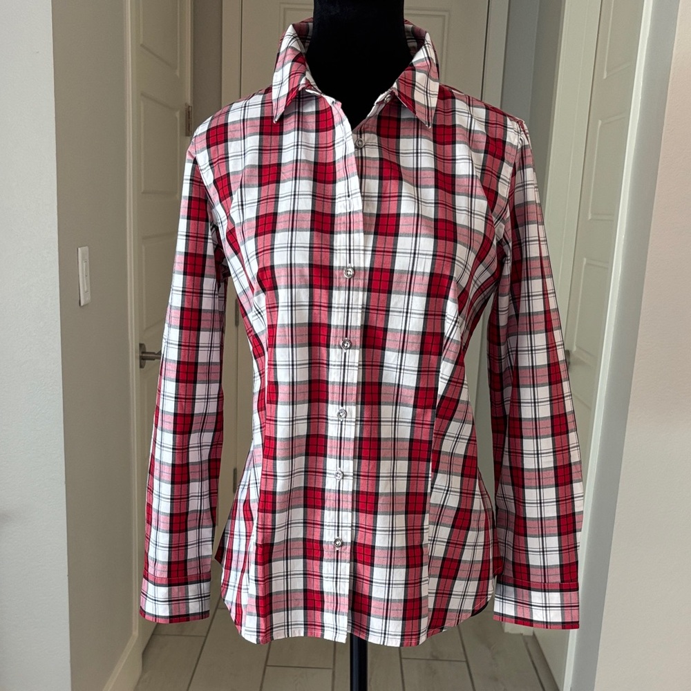 Talbots Red, White, Black Plaid Shirt Size 8P - Picture 5 of 13